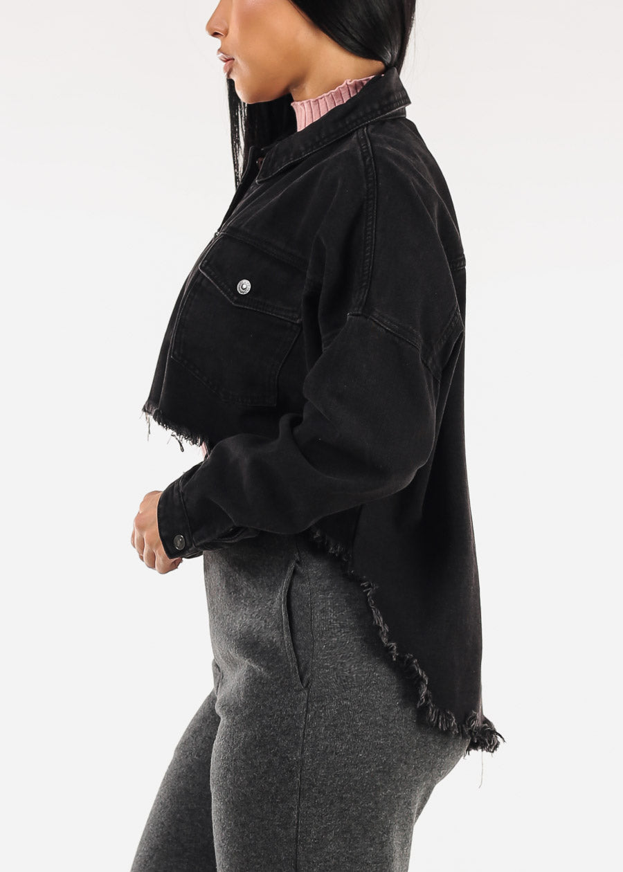 Long Sleeve Button Up High Low Crop Shacket Black Acid Wash