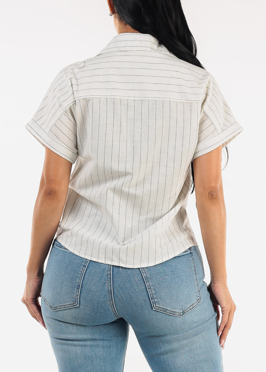 Cotton Short Sleeve Stripe Button Up Blouse Off White