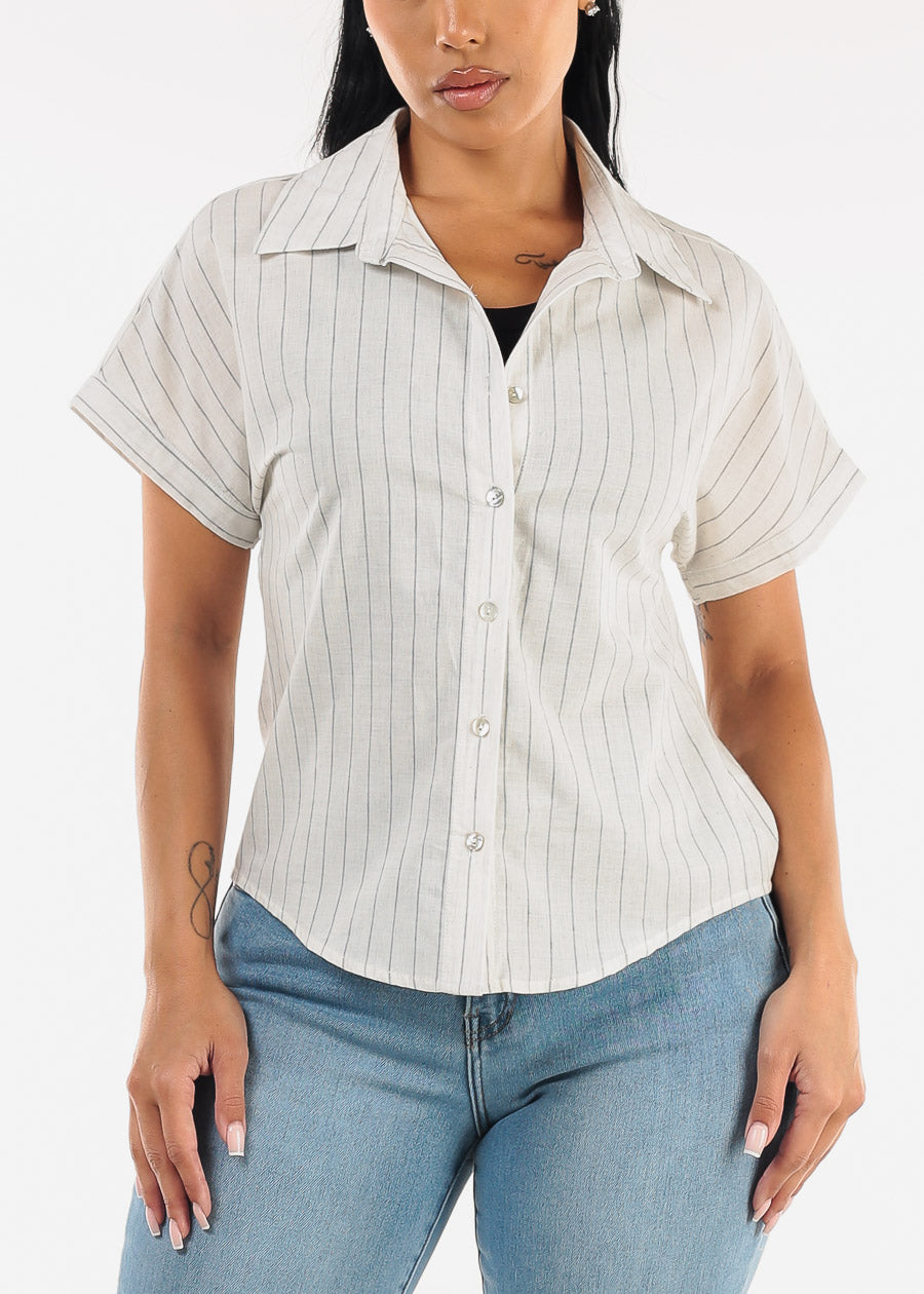 Cotton Short Sleeve Stripe Button Up Blouse Off White