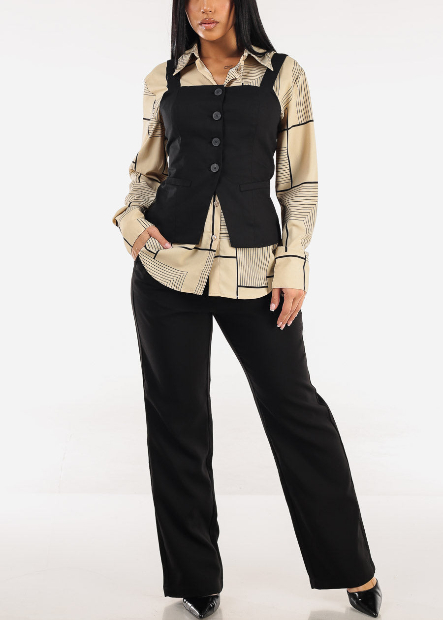 Long Sleeve Button Up Printed Collared Blouse Khaki