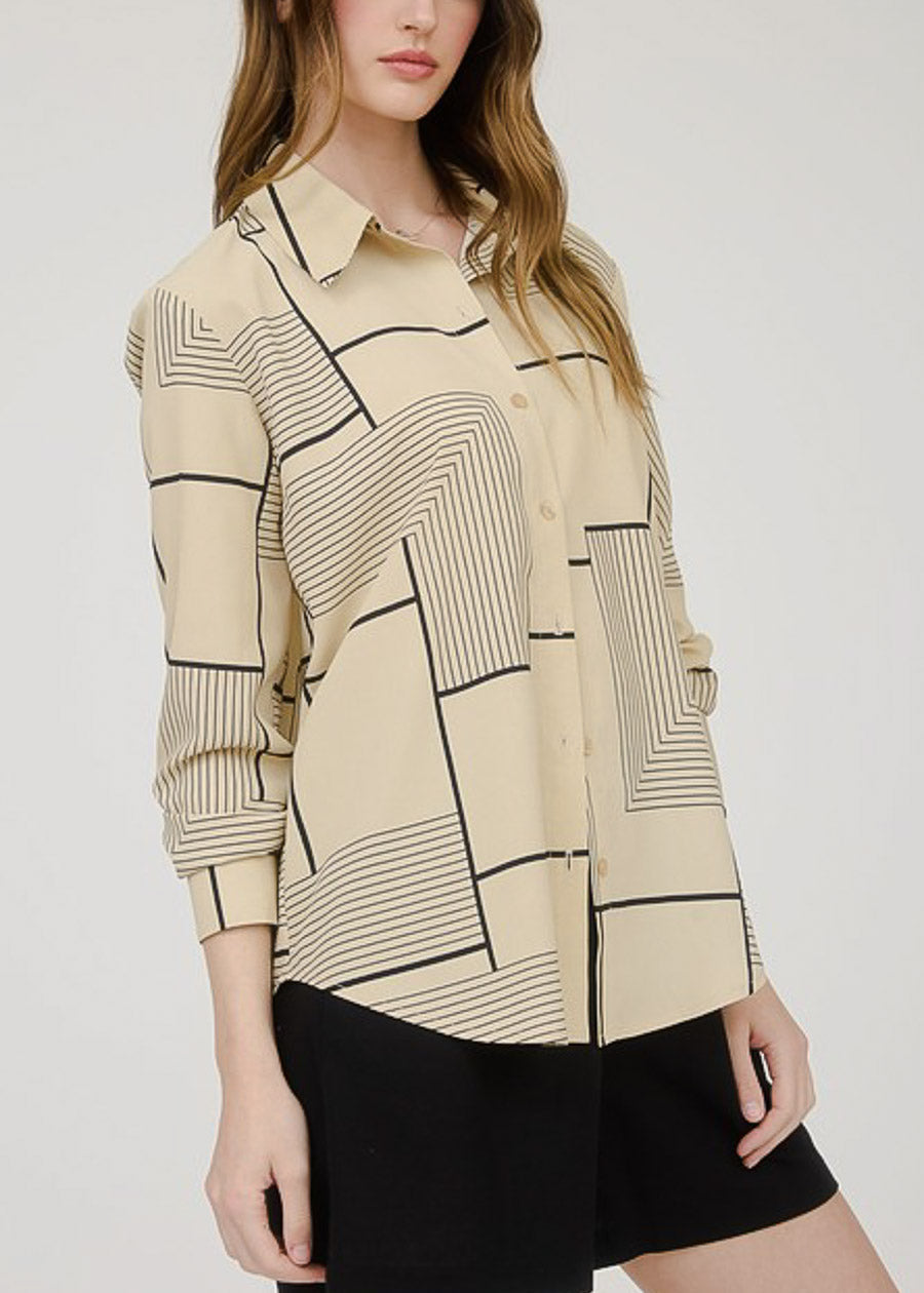 Long Sleeve Button Up Printed Collared Blouse Khaki
