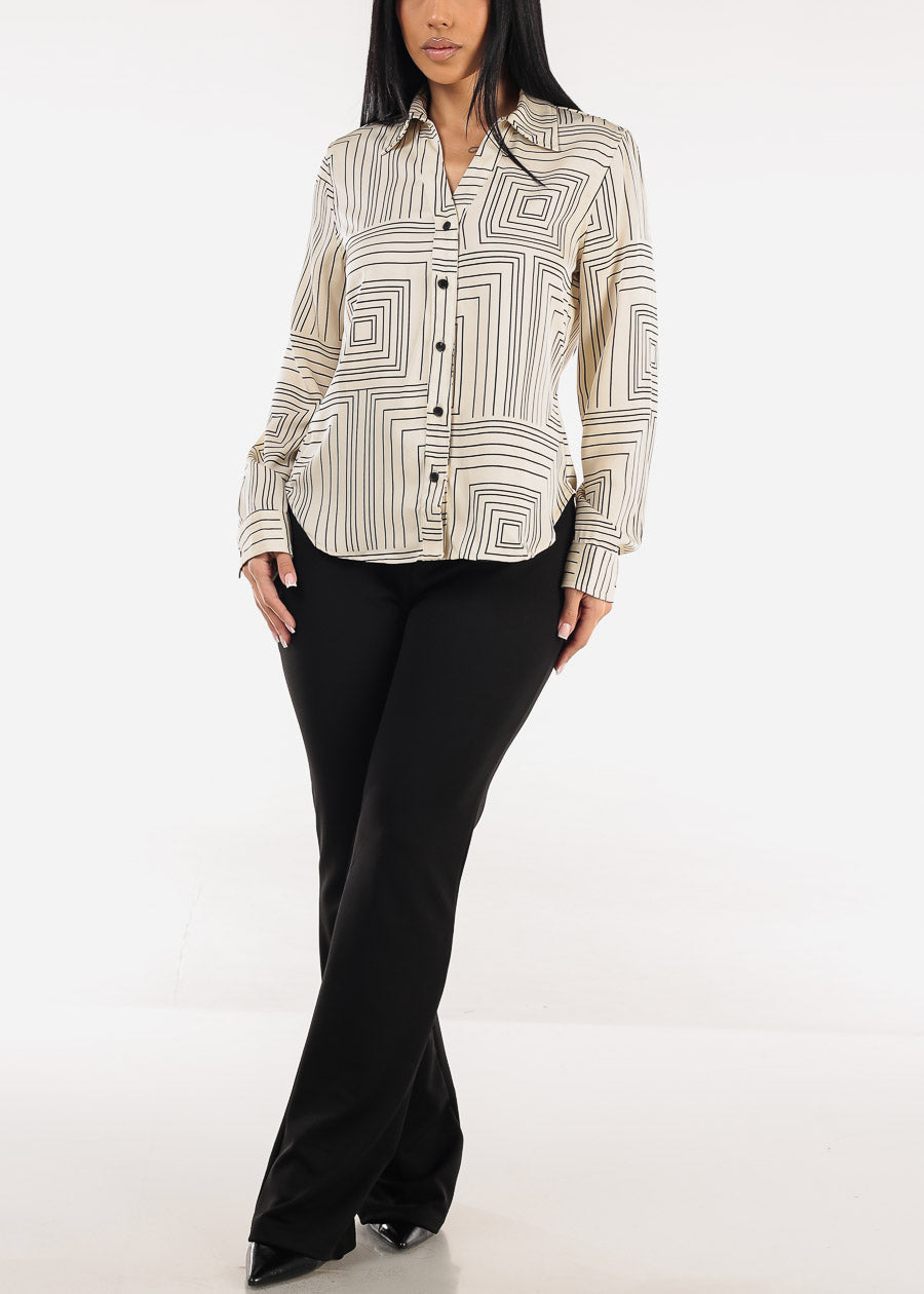 Long Sleeve Button Up Printed Collared Blouse Ivory