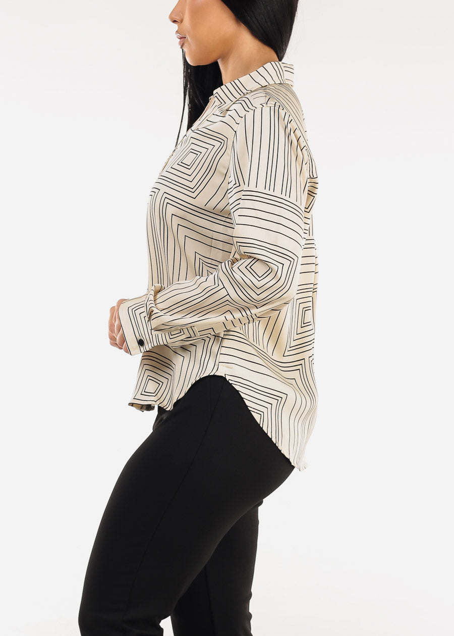 Long Sleeve Button Up Printed Collared Blouse Ivory