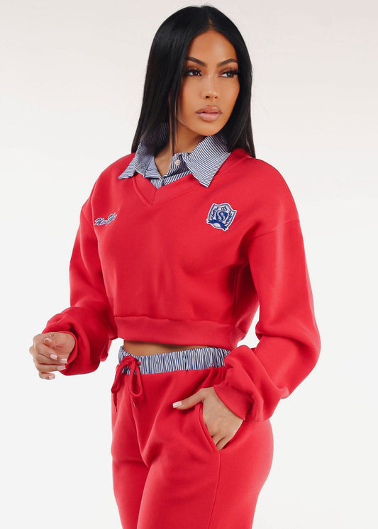 Cropped Fleece V-Neck Sweatshirt Red w Striped Collar