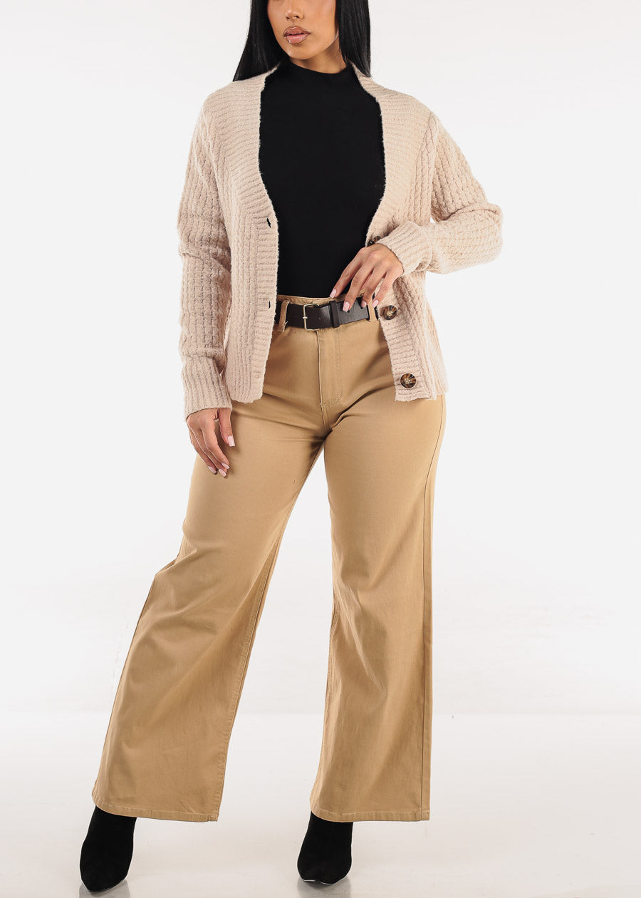 Long Sleeve Button Up Knitted Sweater Beige