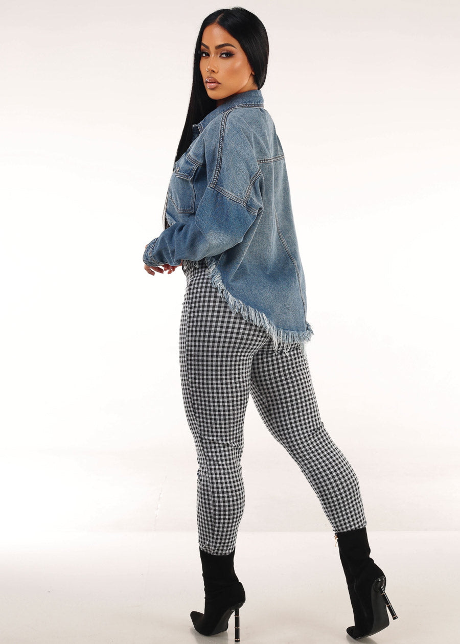 Denim White Plaid Pants Trio