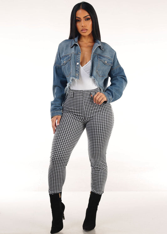 Denim White Plaid Pants Trio